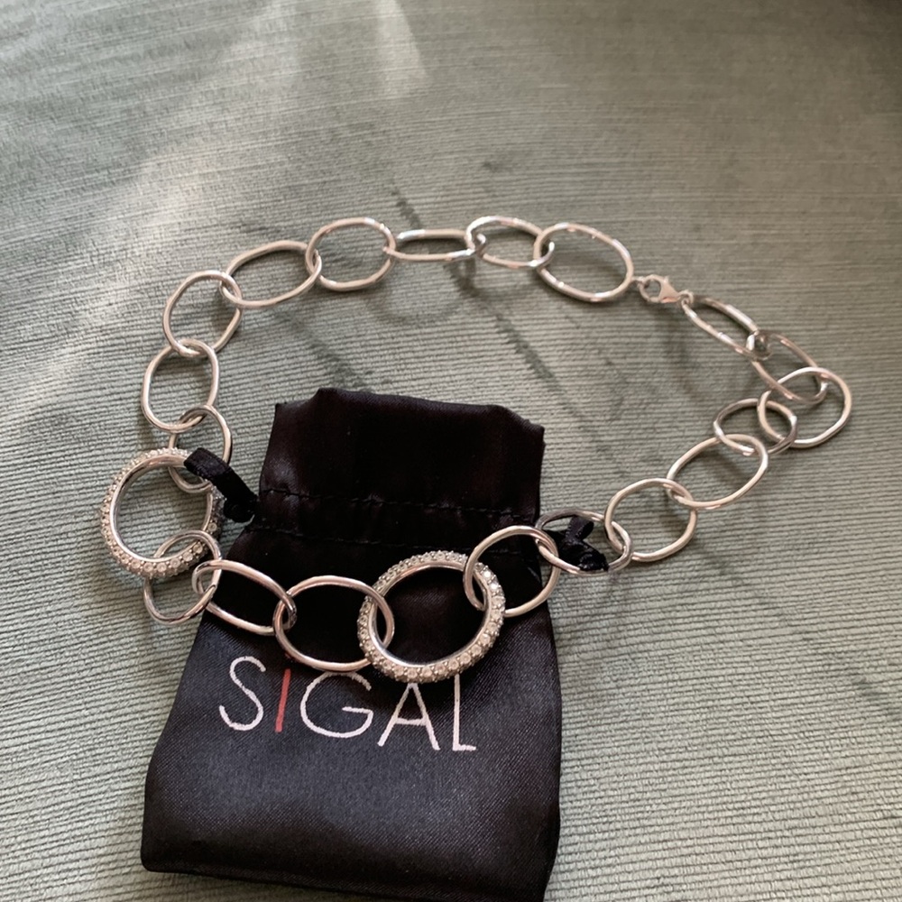 SIGAL Oval Chain Link 925 Silver Necklace With Rhinestones